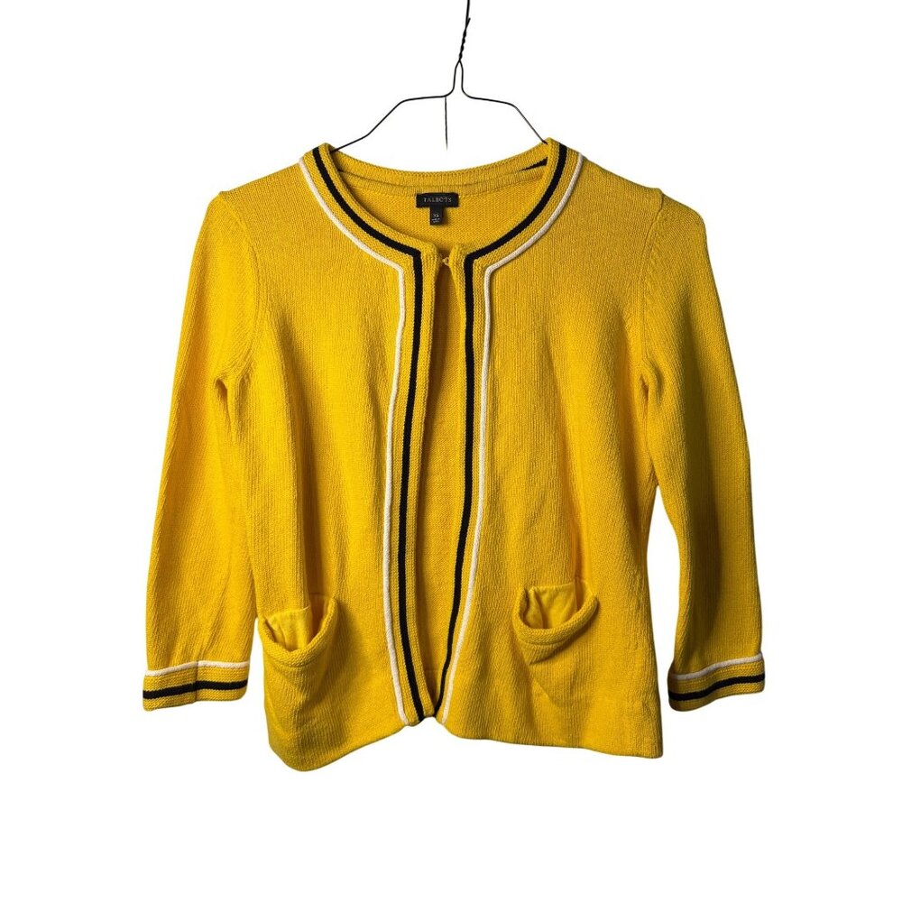 Talbots Women XS Cardigan Sweater Yellow Knit Contrast 70s Cozy Preppy Old Money